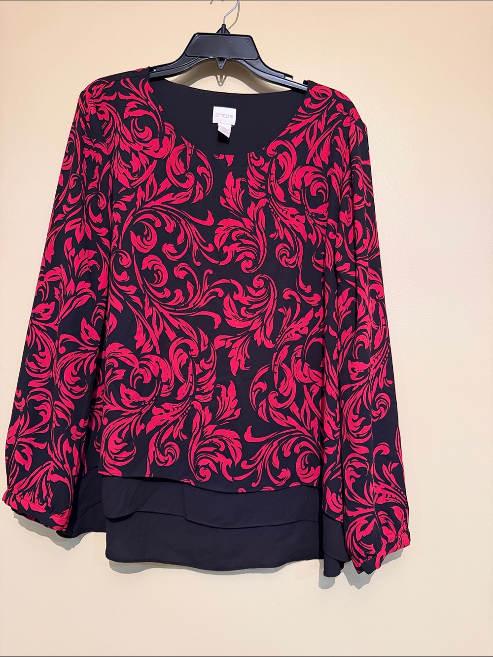 Chico's Black and Red Scroll-Print Layered Hem Blouse